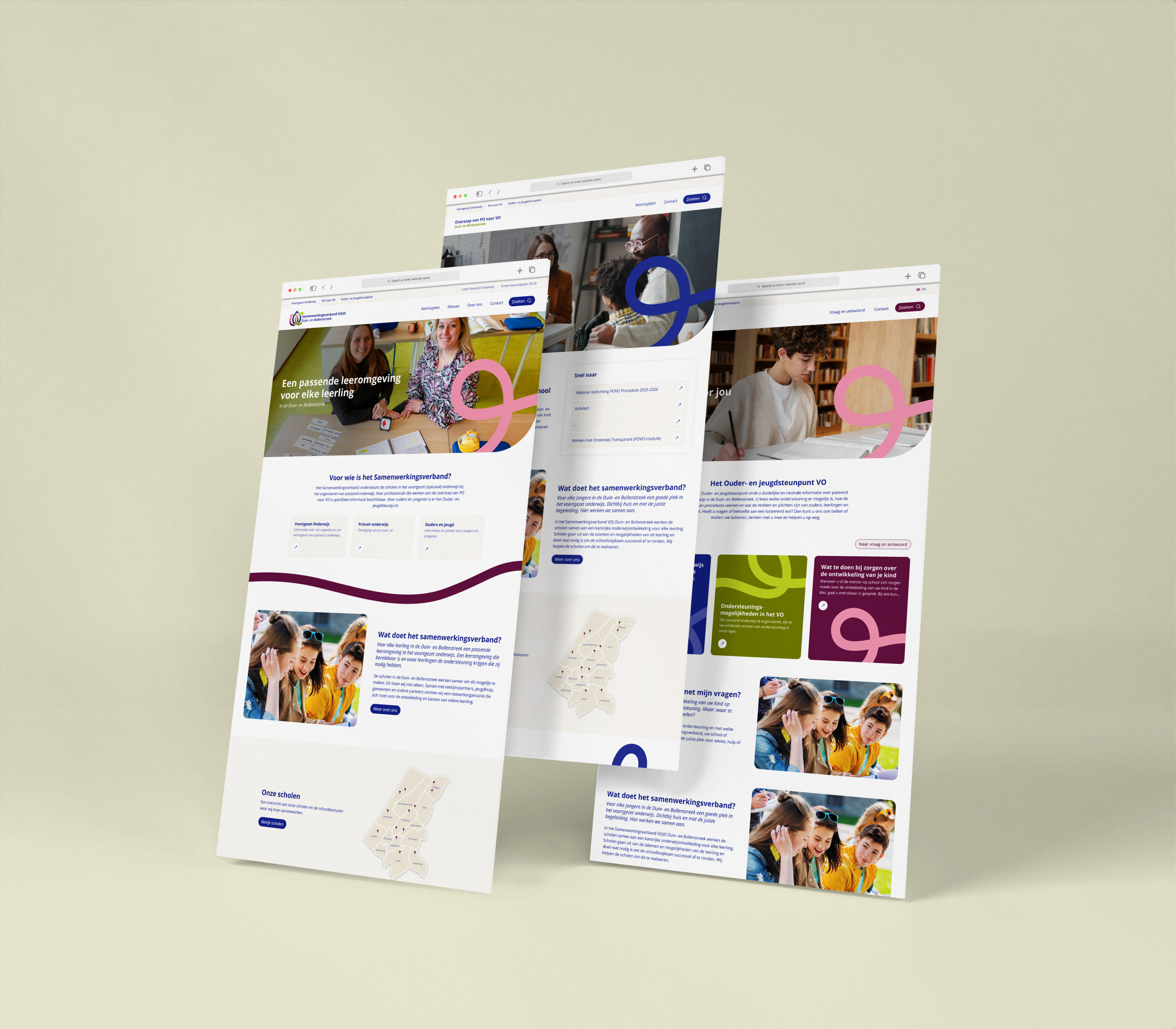 Drie webpagina's van website Samenwerkingsverband Duin- en Bollenstreek
