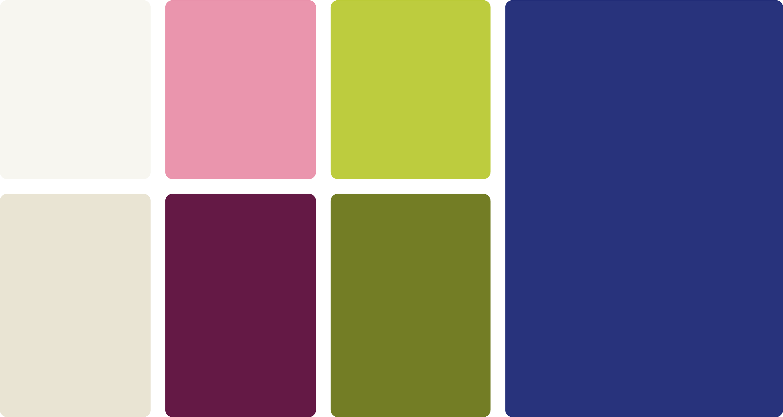 Kleurenpallet met de kleuren; wit, beige, roze, paars, lichtgroen, donkergroen en blauw